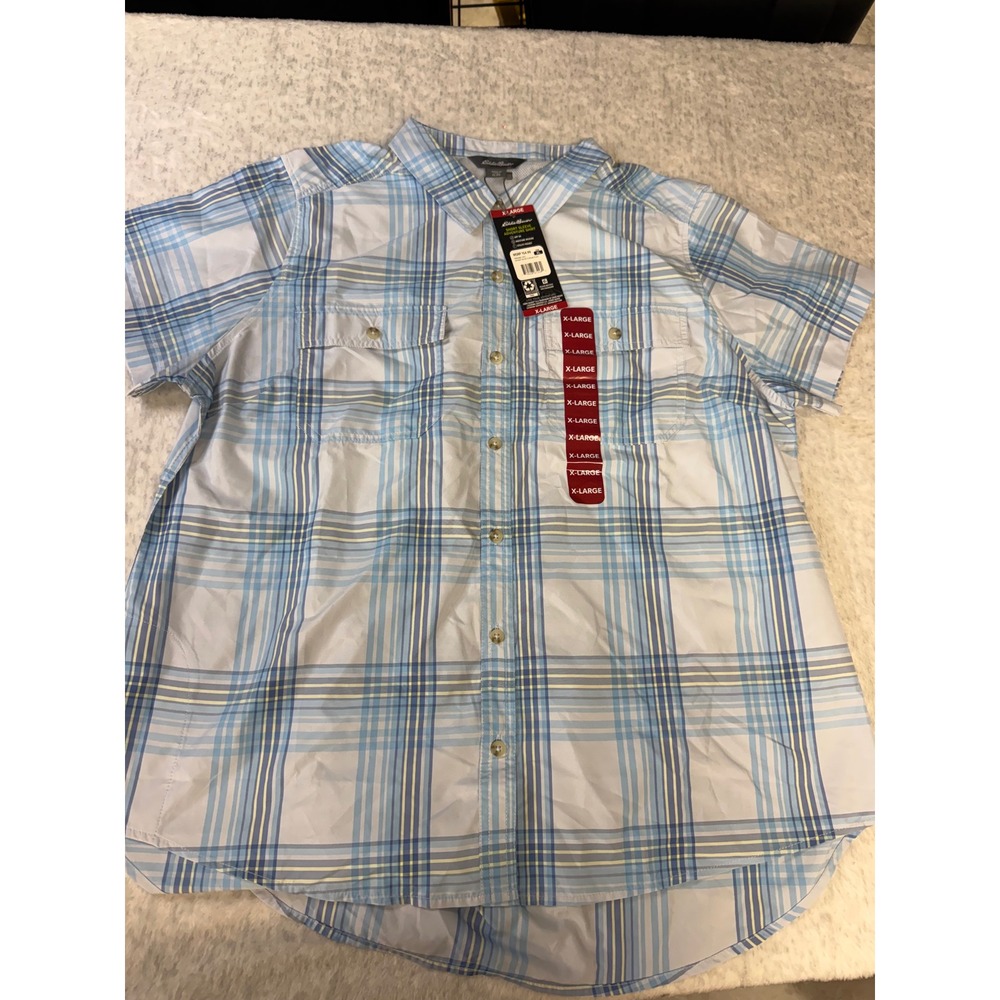 Eddie Bauer Womens XL Adventure Shirt Blue Plaid UPF 50 Short Sleeve EB004068